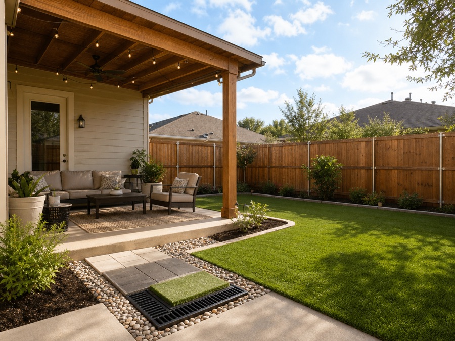 Small backyard usability plan with covered shade, seating, drainage, turf, patio, fence, and lighting