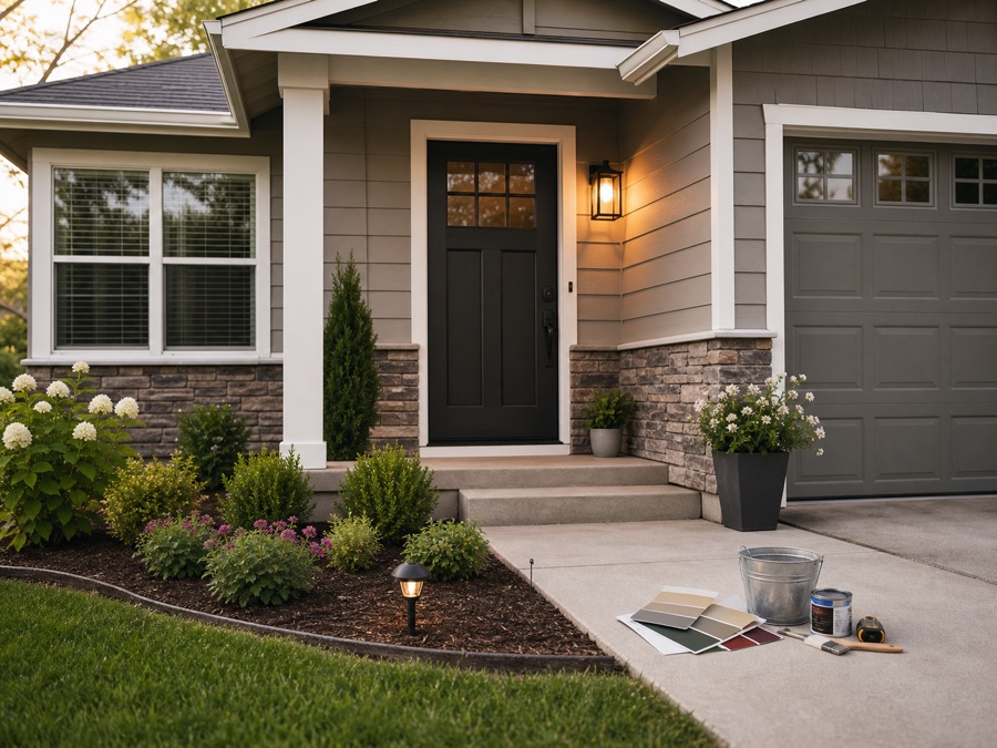Front entry curb appeal planning with door, lighting, landscaping, garage door, and paint samples