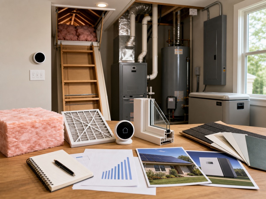 Energy and comfort planning with attic insulation, HVAC, window, thermostat, solar, battery, and utility materials