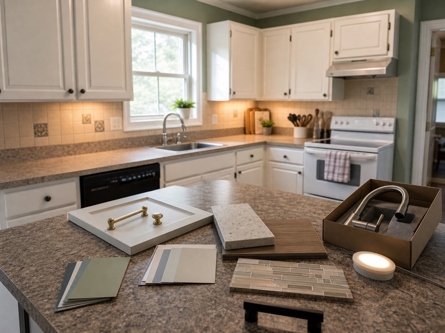 Kitchen refresh planning with cabinet hardware, countertop, paint, lighting, and faucet samples